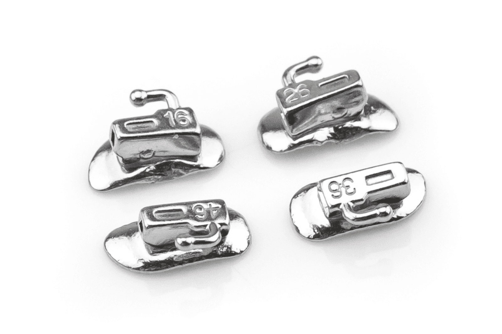 Orthodontic buccal tubes showing the with-hook configuration
