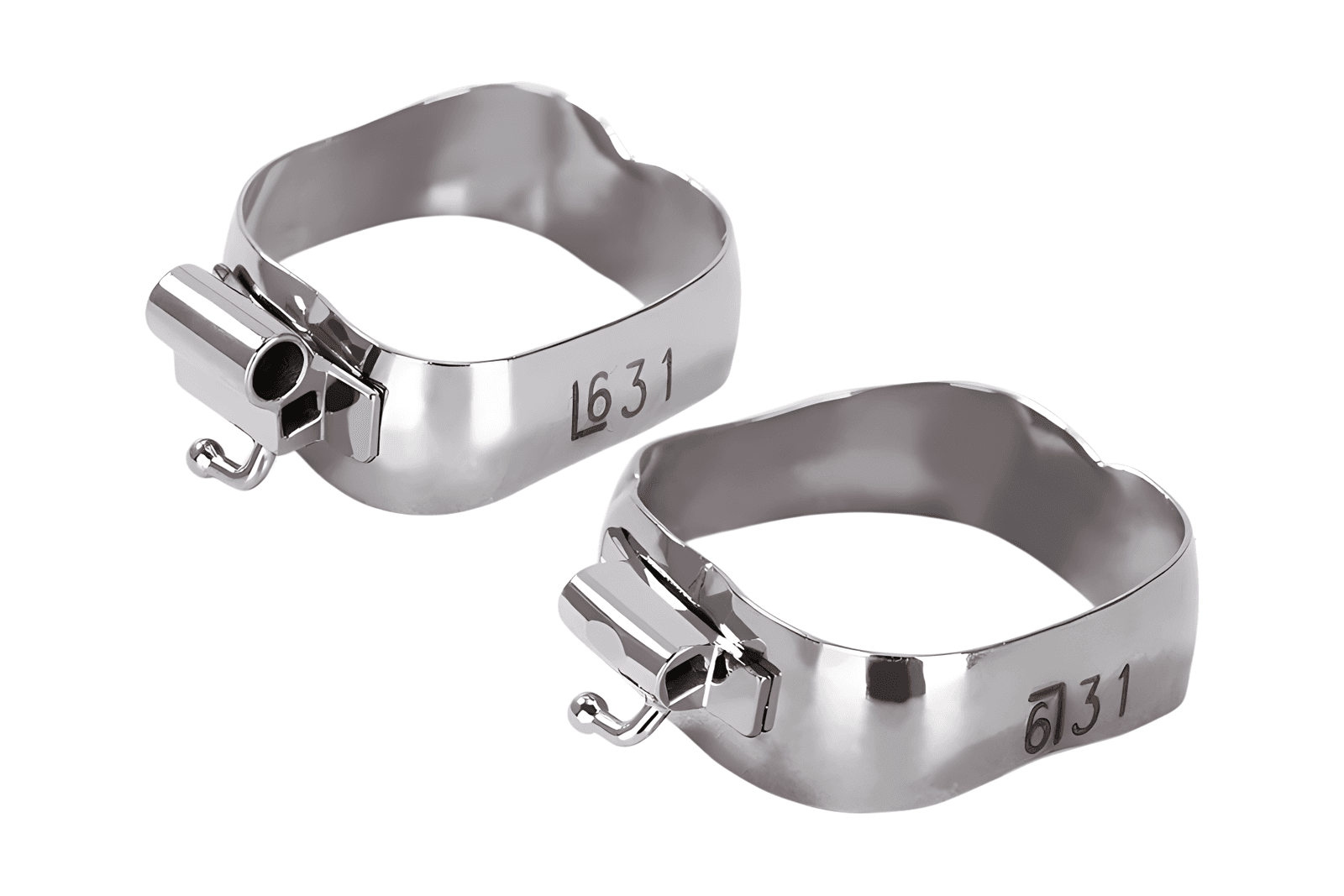 Close view of pre-welded buccal tubes, hooks and visible molar-band markings