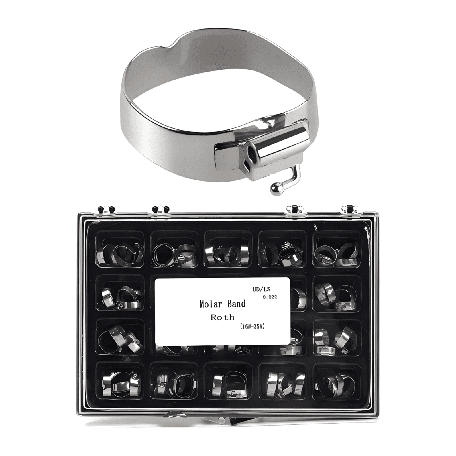 Orthodontic molar band displayed above a compartmented product box