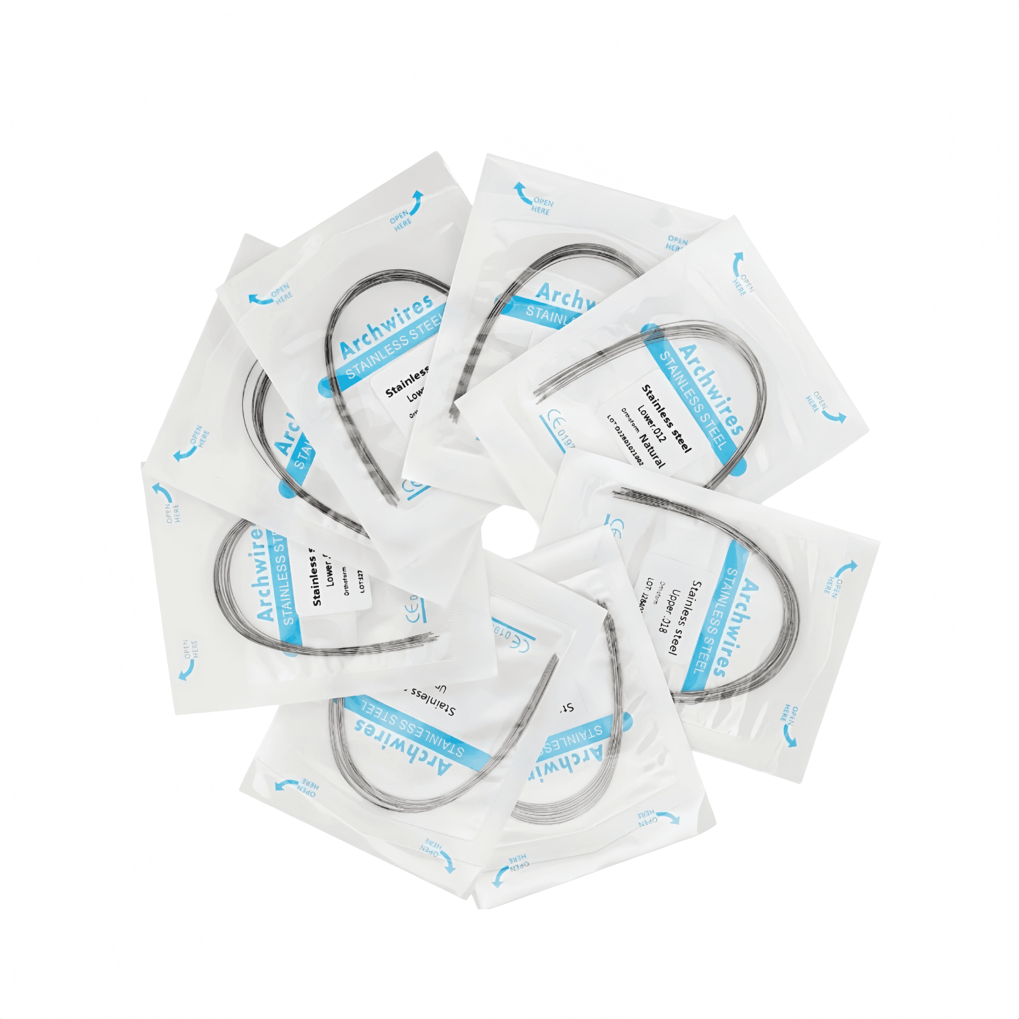 Packaged orthodontic archwires arranged on a white background