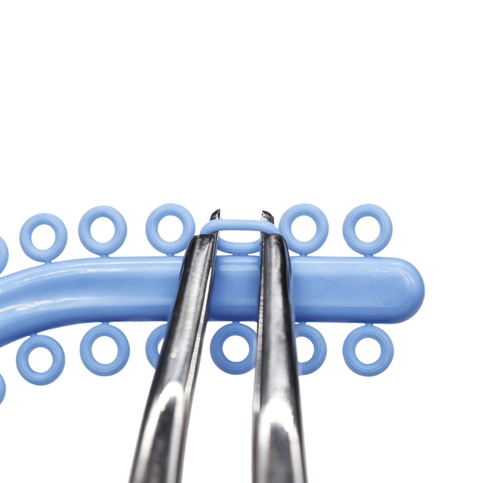 Close detail of a blue elastic separator on a carrier strip