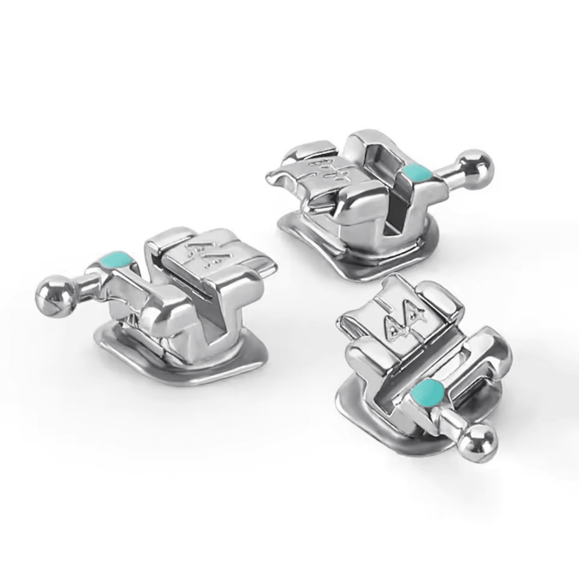 Self-ligating orthodontic brackets shown from multiple angles