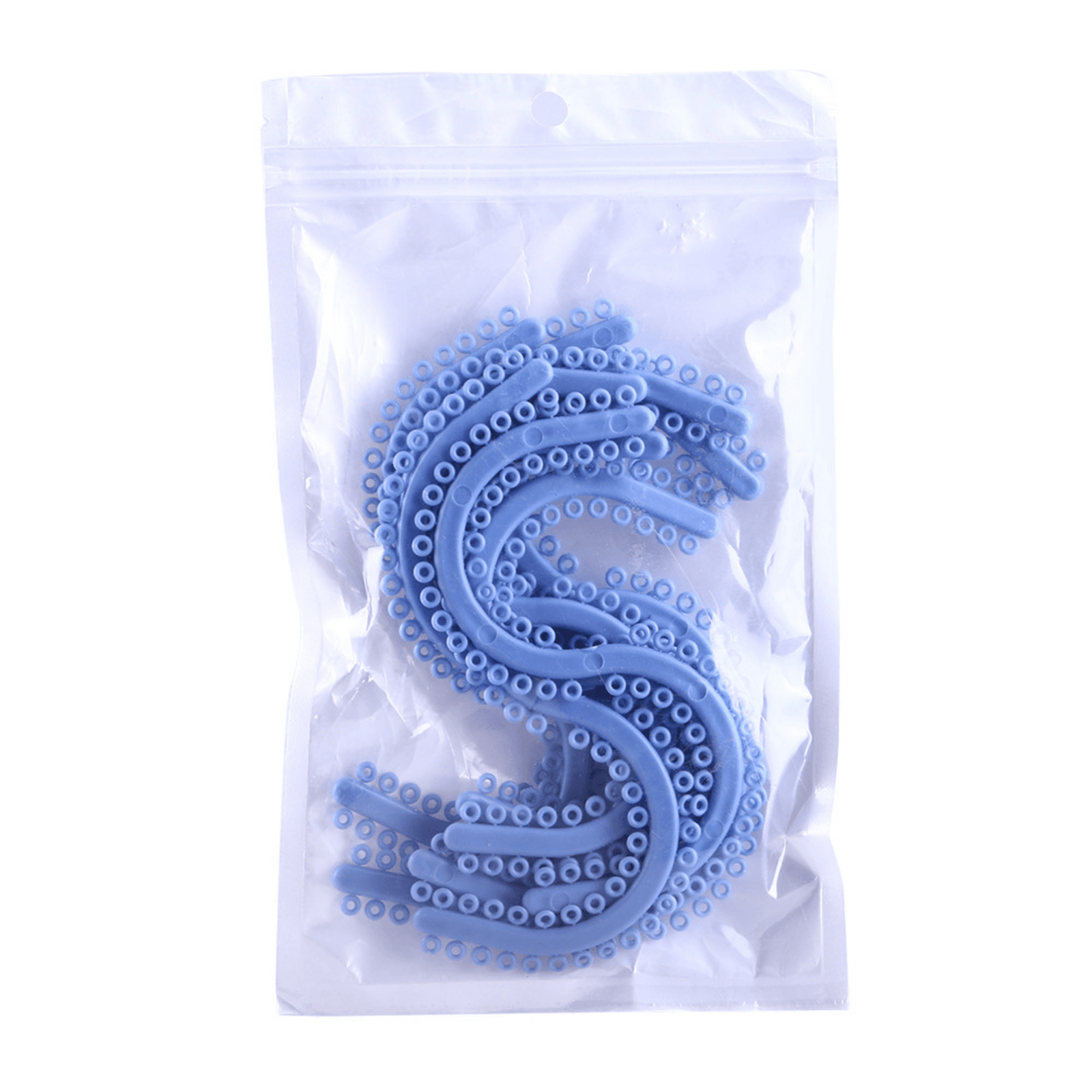 Blue elastic separator carrier strips in a plain bag