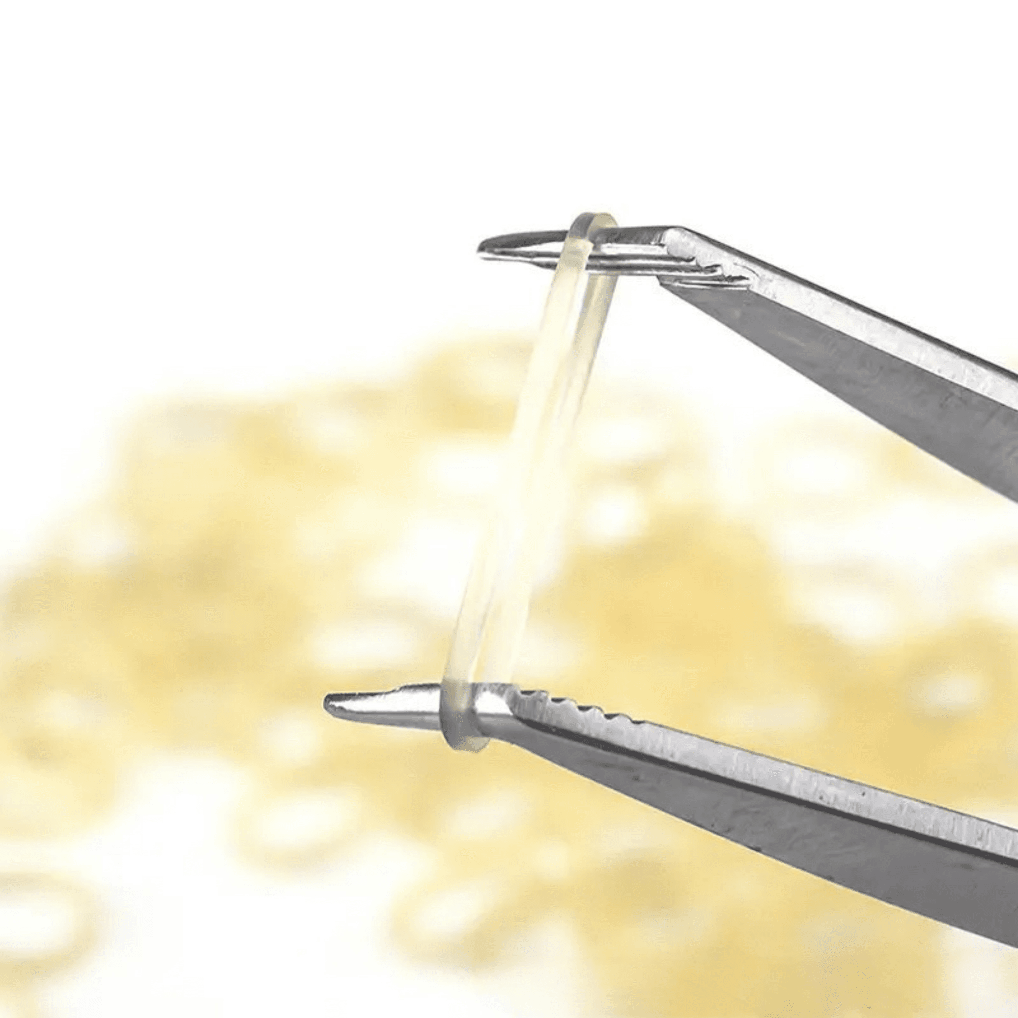 Close product detail of an orthodontic elastic held with instruments